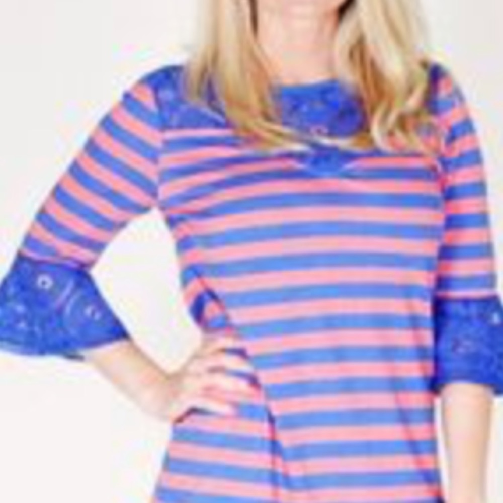 JELLY THE PUG~Coral& Blue Stripe and Lace Tunic~L
